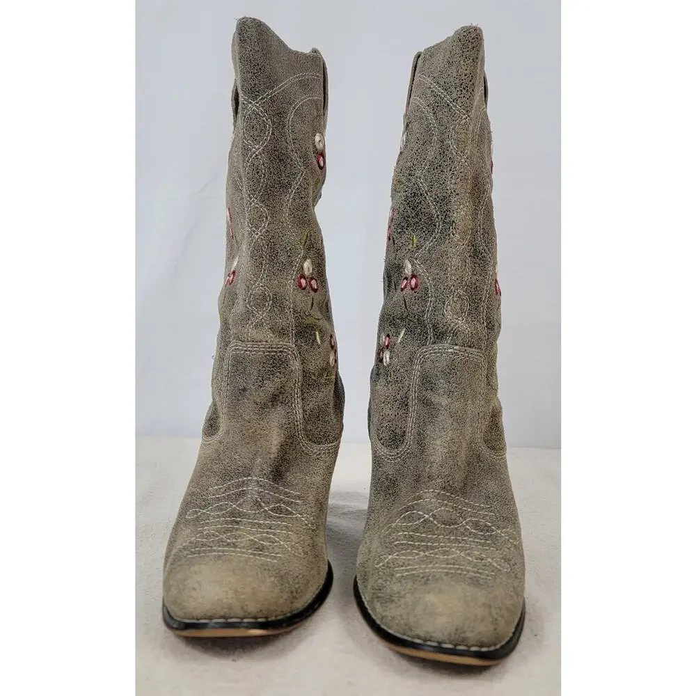 Seychelles Anthropologie Embroidered Western Boots Gray Nubuck Size 6.5
